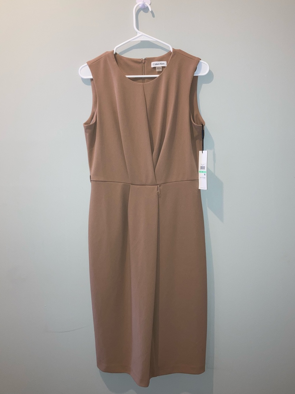 NWT Calvin Klein Sleeveless Faux Wrap Sheath Dress Camel Tan SIZE 8 MISSING BELT